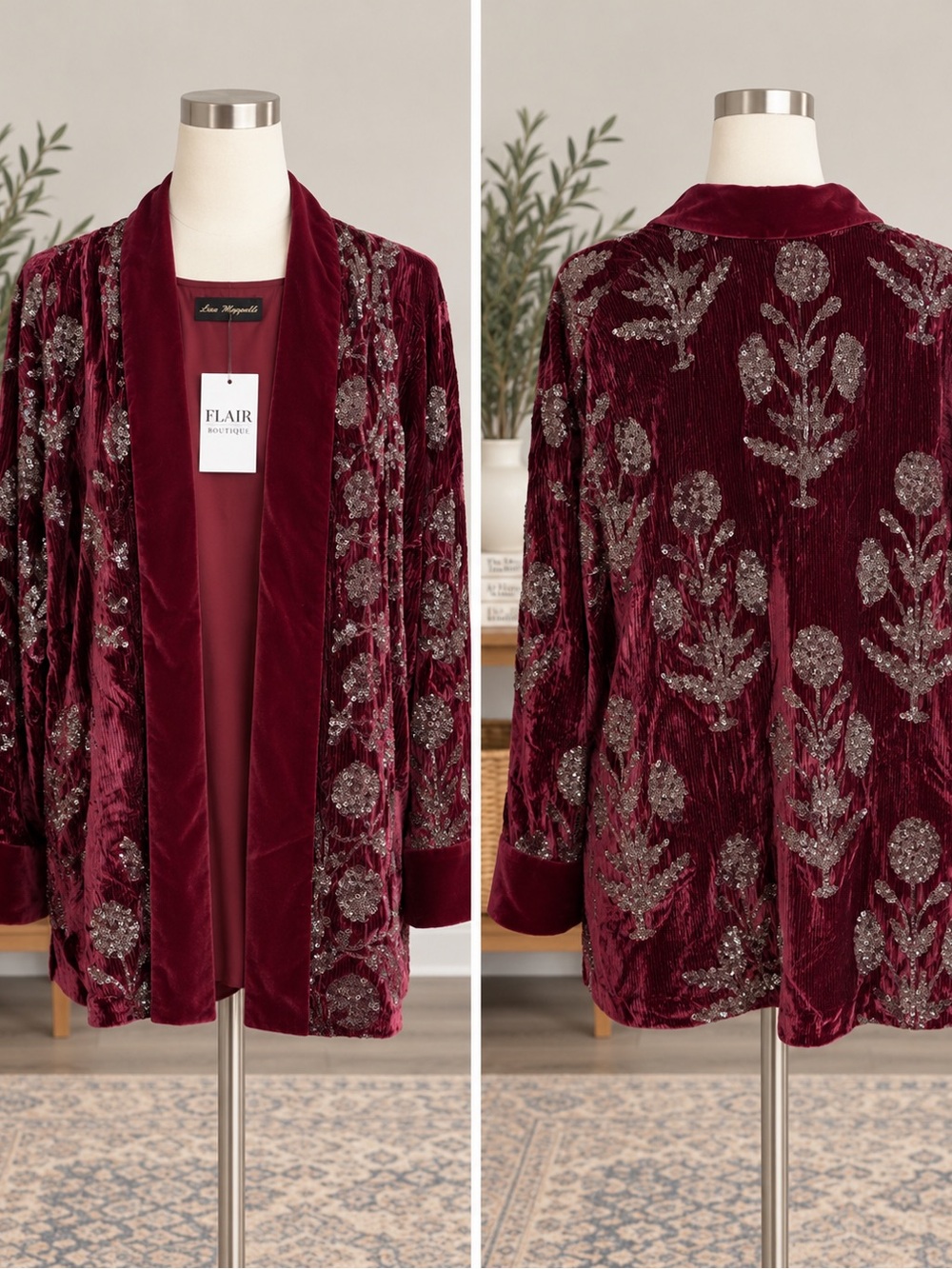 Burgundy Velvet Sequin Embroidered Kimono Jacket